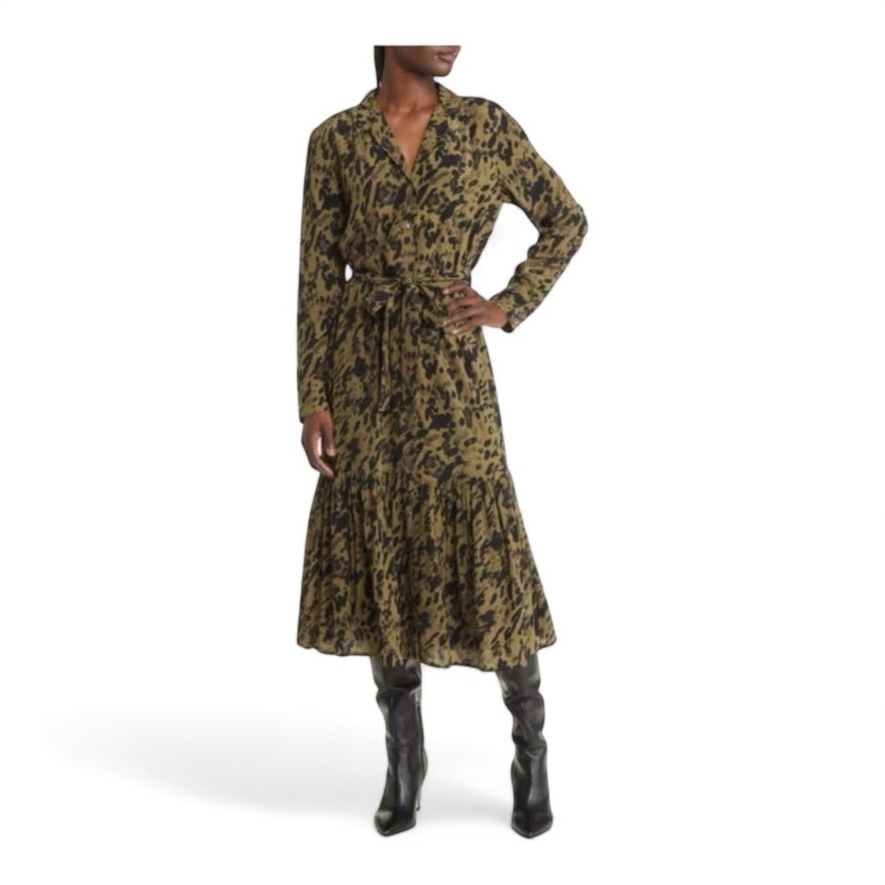 Rails Beatrice Long Sleeve Shirtdress in Olive Watercolor Leopard NWT